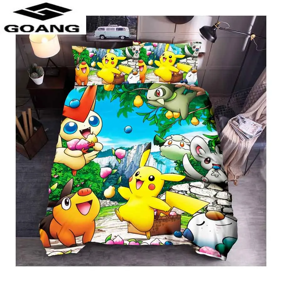 Blue GOANG 3d цифровая печать мультфильм Пикачу Комплект постельного белья простыня пододеяльник и наволочка 3 шт. детские постельные принадлежности Роскошный домашний текстиль - Color: Blue