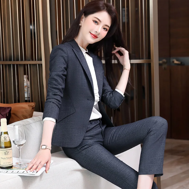 IZICFLY Autumn Spring Style Interview Office Work Wear For Women Blazer With Trouser Business Elegant Pants Suits Outfit-gray