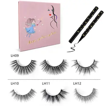 

False Eyelashes And Eyeliner Kit- No Glue Non Magnetic 3 Pairs Waterproof Reusable With Sticky Liquid Eyeliner Mascara