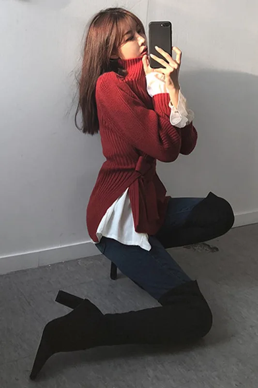 WHITNEY WANG/ осенне-зимний модный уличная одежда в Корейском стиле, свитер с разрезом по подолу и поясом женский джемпер sueter mujer invierno