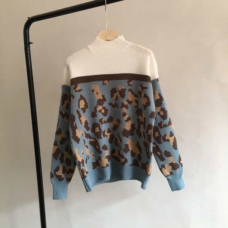 Neploe, японский милый пуловер, вязаная одежда с леопардовым принтом, контрастный цвет, свитер с длинным рукавом, половина водолазки, зимняя плотная трикотажная одежда 56333