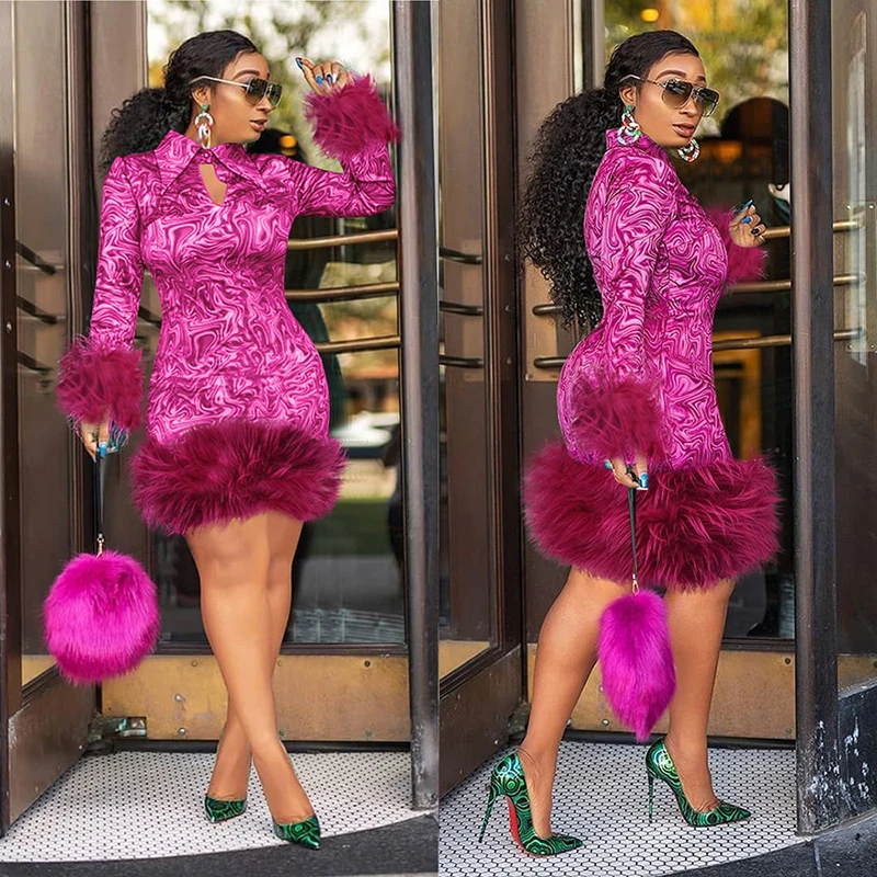 MD Woman Winter Dress 2022 African Print Feather Dress For Women Long Sleeve Evening Party Dress Plus Size 5XL European Clothing