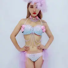 Блестящие стразы, сексуальный бюстгальтер, розовый, с длинным шлейфом, Женская Одежда для танцев, вечеринки, костюм для ночного клуба, Женский певец, комплект из 2 предметов, наряд диджея