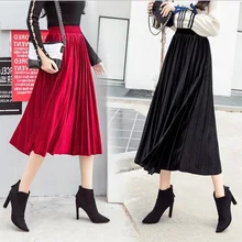 TingYiLi осенне-зимняя бархатная юбка черные, серые, красные, армейские, зеленые, кофейные, синие плиссированные женские юбки элегантная юбка с высокой талией длинная