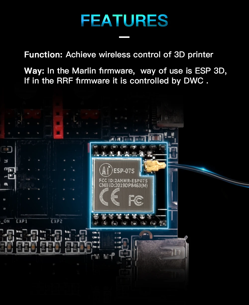 BIGTREETECH ESP-07S WIFI Module ESP8266 WIFI Wireless Sensor VS ESP-12S ESP-01S To BTT SKR 2 Octopus Ender 3 V2 3D Printer Parts