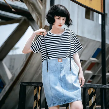 

2020 New T-shirt Loose Fashion Dress Mid-length Short-sleeved Striped Stitching Denim T-shirt Skirt Female Trend Tshirt Women