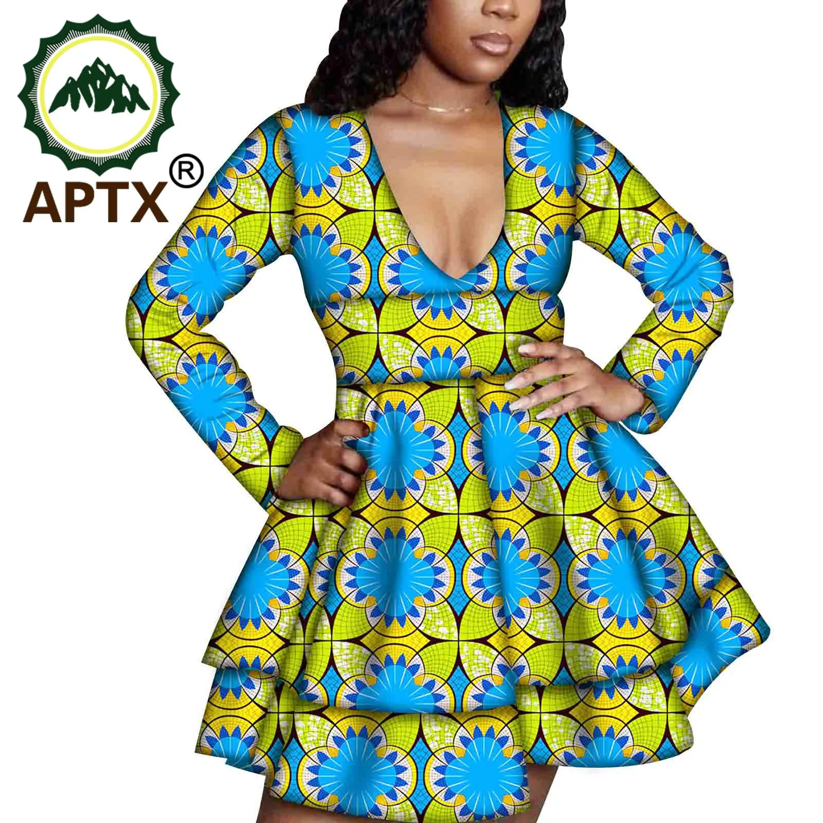 African Women Dress Deep V Collar Long Sleeves Ankara Style Knee Length Batik Pure Cotton Floral Sexy Slim Elegant Party Skirt