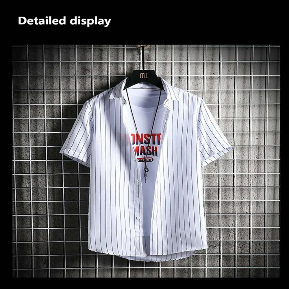 

Summer fashion quick drying easy care short sleeve shirt men's casual slim stripe polyester shirt