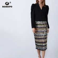 ROHOPO, высокая талия, расшитая блестками, блестящая прямая юбка миди, сзади, с разрезом, волнистые, сексуальные, вечерние, Falda, боковая застежка-молния, женские юбки#1508