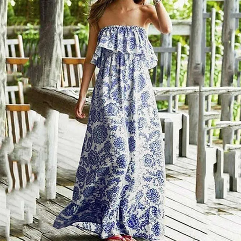 Милое летнее богемное женское синее пляжное платье с цветочным принтом, богемное длинное платье без бретелек с оборками, сексуальное Макси платье без рукавов