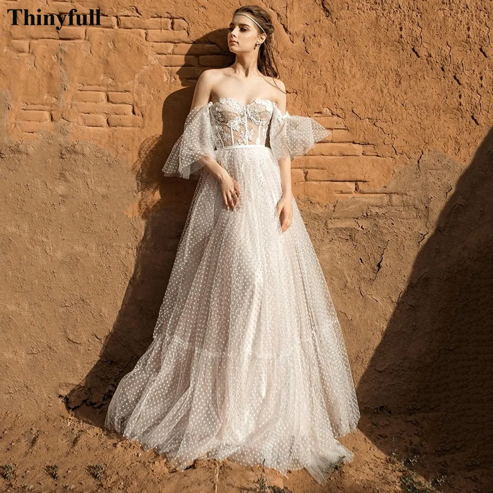 『Cheap!!!』- Thinyfull Dotted Tulle Appliques Lace Wedding Dress Boho
Tiered Tulle Off The Shoulder Bridal Party Gowns Corset Bride Dresses