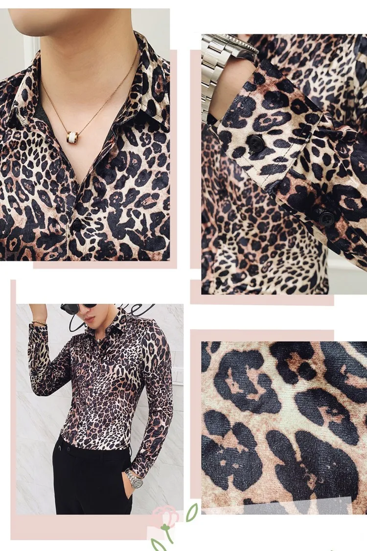Корейский смокинг платье мода зима приталенная сексуальная леопардовая рубашка мужская с длинным рукавом золотая бархатная повседневная ночная клубная блуза Homme