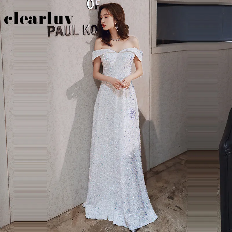 

Solid Sequin Evening Dresses DR368 Off The Shoulder Women Party Gowns Lace Up Vestidos De Diesta Shining A-Line Elegant Dress