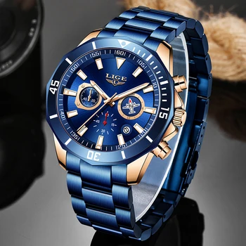 

LIGE 2020 New Fashion Blue Mens Watches Top Brand Luxury Clock Sports Chronograph Waterproof Quartz Watch Men Relogio Masculino
