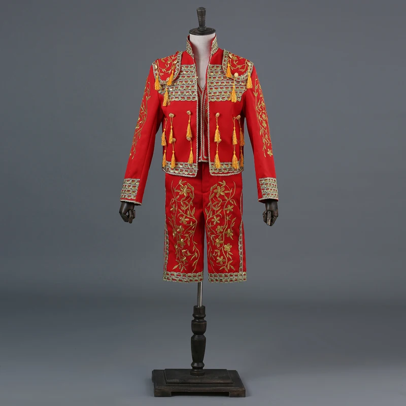 Fashion men's court suit Spanish bullfighting suit high collar Chinese style 3 piece stage singer costume(suit coat+Pants+Vest - Цвет: as picture