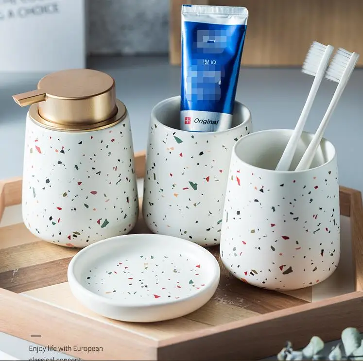 Terrazzo Ceramic Bathroom Decor Set Emulsion Bottle Gargle Cup Image 2