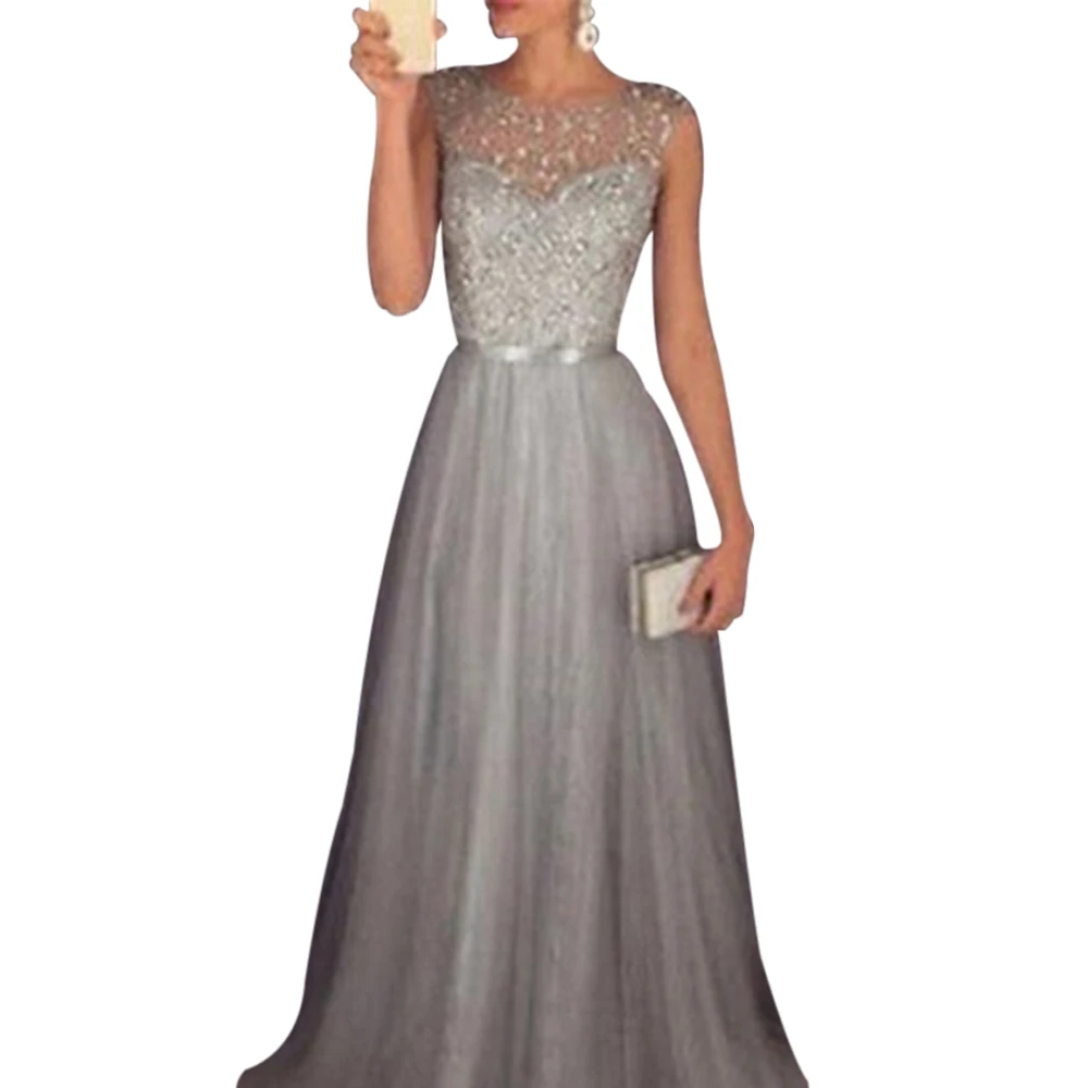 Style 1 Gray Женское платье макси с высокой талией в стиле пэчворк, с круглым вырезом, длинное платье, Vestidos, женское вечернее платье с блестками, без рукавов, летнее платье для женщин - Цвет: Style 1 Gray