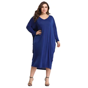 

Autumn Women Dress Knee Length Solid Color Polyester Fabric Loose Front Short Plus Size Dress Casual Style O-neck Long Sleeve