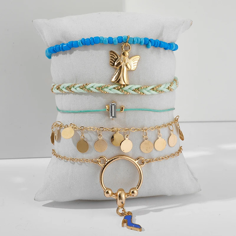 Docona Boho Blue Beads птица Высокая подвеска каблуки пятислойный ножной браслет набор для женщин плетение ножные браслеты 5 шт./компл. Tobilleras 8980