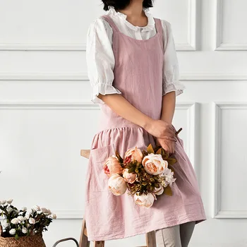 

Fashion Women Kitchen Apron Cooking Cleaning Linen Apron Female Sleeveless Dress Cross Back Apron Vest-style Overalls Apron