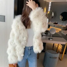

Real Fox Fur Weaving Coat Jackets Women Female Knitted Hook Flower Genuine Natural Fur Warm Outerwear Streetwear Winter Clothes
