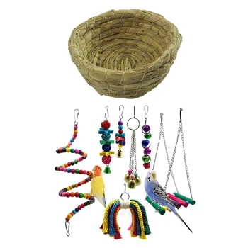 

Bird Parrot Toys, 7 Packs Bird Swing Chewing Hanging Perches with Bells & Bird's Nest Of Straw Crafts Crafts Bird Nest Artificia