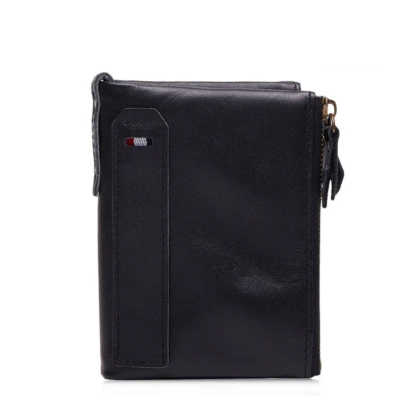 Модный двойной Zipper Rfid мужской кошелек Повседневный Ретро мульти-карта короткий клатч из кожи портмоне мужская сумка - Цвет: black