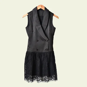 

Autumn Winter Women Double-breasted Ladies Knee-length Dress Female Sleeveless Lace Hollow Patchwork Female Slim Elegant Short D