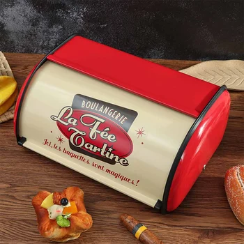 

American Vintage Bread Box Storage Bin Rollup Top Red Small Powder Coated Bread Iron Snack Organizador for Kitchen Organizer