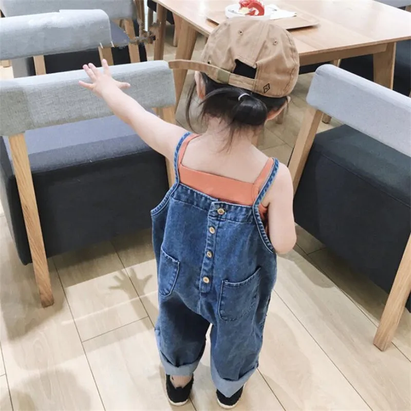 Комплект для девочек 2, 3, 4, 5, 6, 7, 8 лет, летняя детская одежда, топ на бретельках и джинсовые штаны на подтяжках, Новые повседневные наряды, детская одежда для девочек