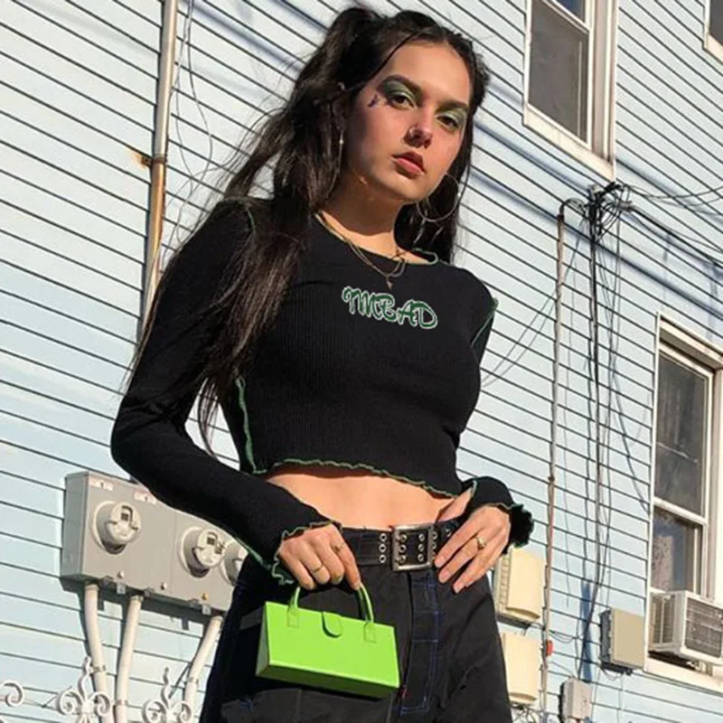 High Street Women's Reverse Sewing Black Top Long Sleeve Round Neck Lace Letter Print T-shirt Slim Sexy Short Bottoming Shirt