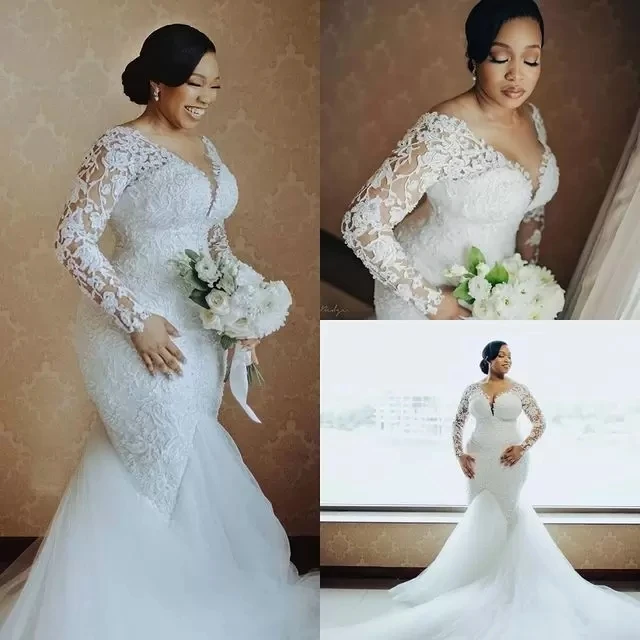 

Plus Size Arabic Lace Beaded Mermaid Wedding Gowns Sheer Neck Long Sleeves Vintage Bridal Dresses 2022