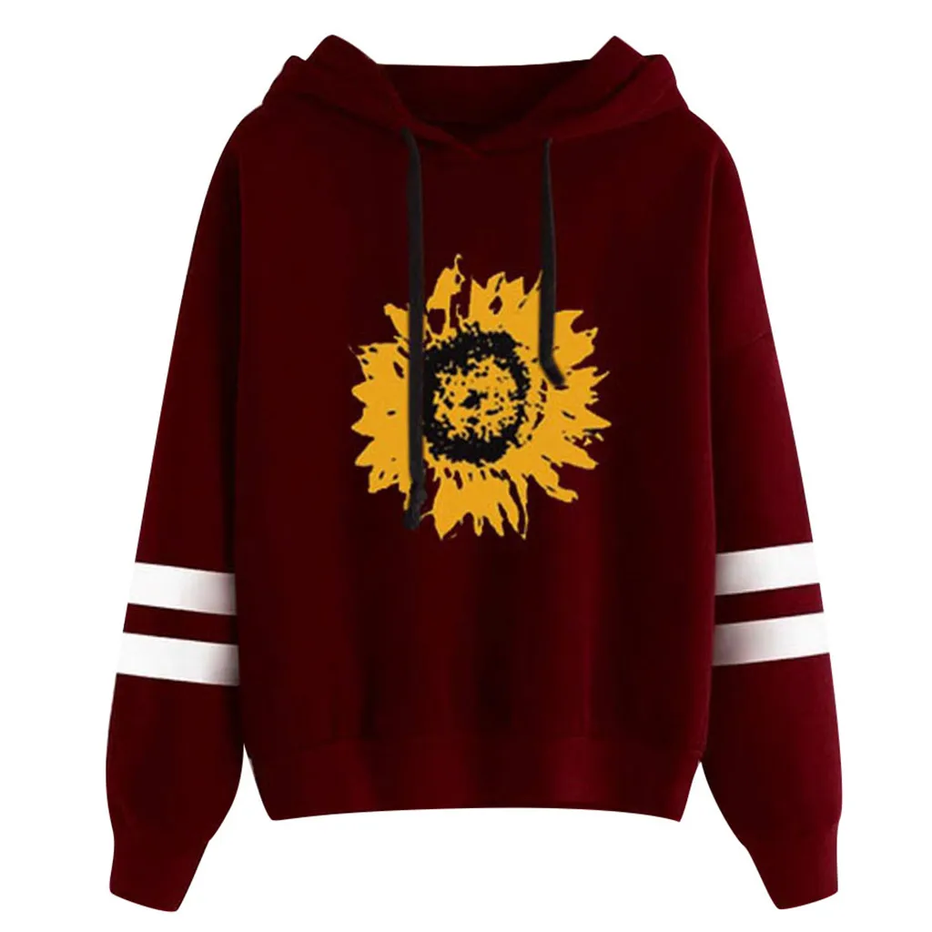 2020 Automne sweat à capuche pour femme décontracté manches longues tournesol impression pull hauts capuche|Толстовки и