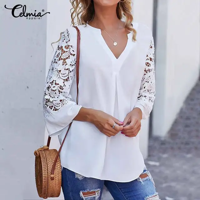 US $10.82 Women White Blouse Celmia Summer V neck Lace Shirts 3/4 Sleeve Sexy Hollow Out Tunic Tops Casual Lo