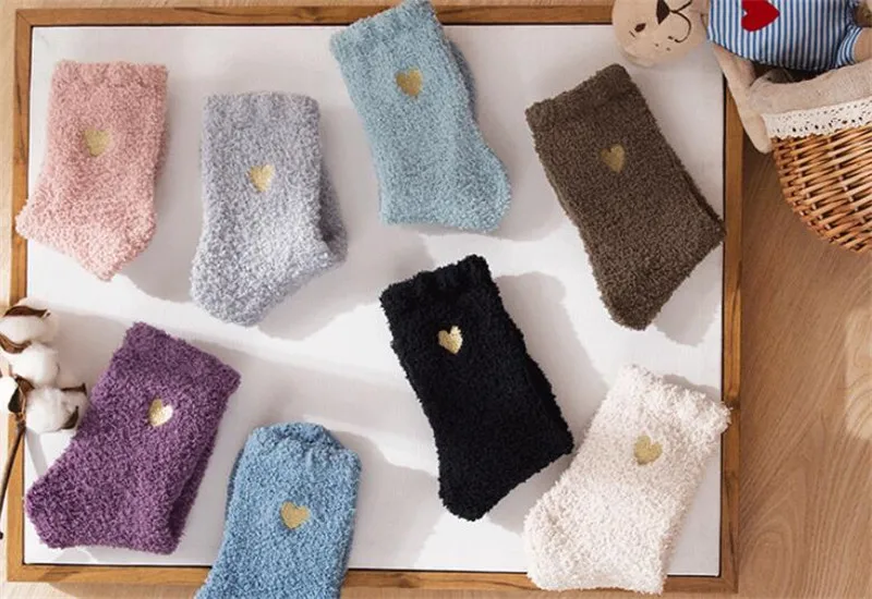 5Pairs/lot Heart print Candy Color Soft Women Fluffy Socks Coral Velvet Autumn Winter Warm Terry Towel Fuzzy Socks wholesale