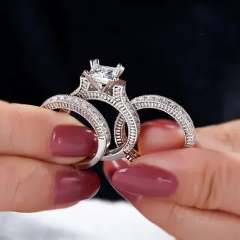 

Luxury 15ct Princess-cut Simulated Diamond Rings Sets 3-in-1 Vintage Engagement Wedding Rings For Women 14K White gold Jewelry