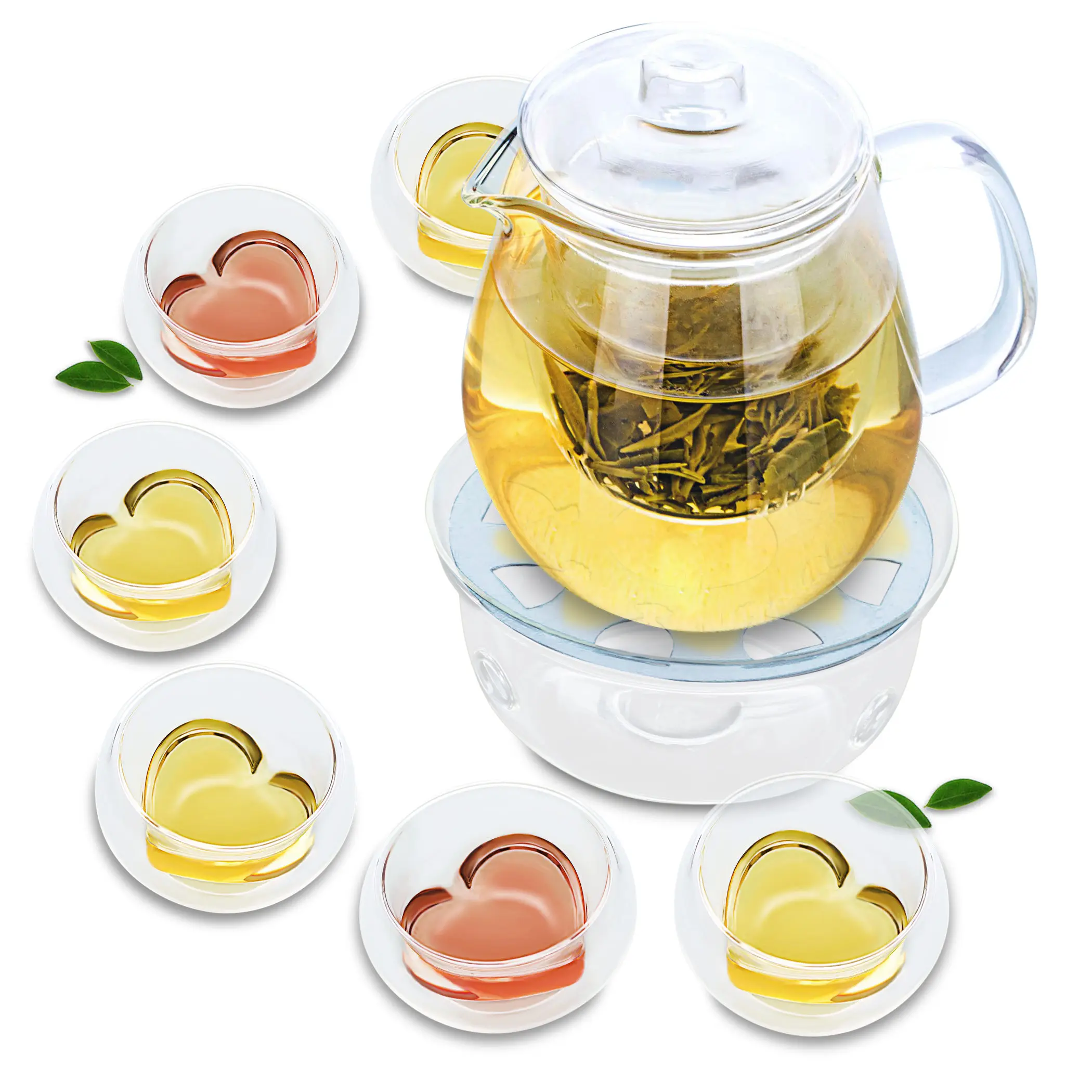 1x Tea Set C -750ml Heat-Resisting Glass pot+6*Cups+ Round Shape Warmer | Дом и сад