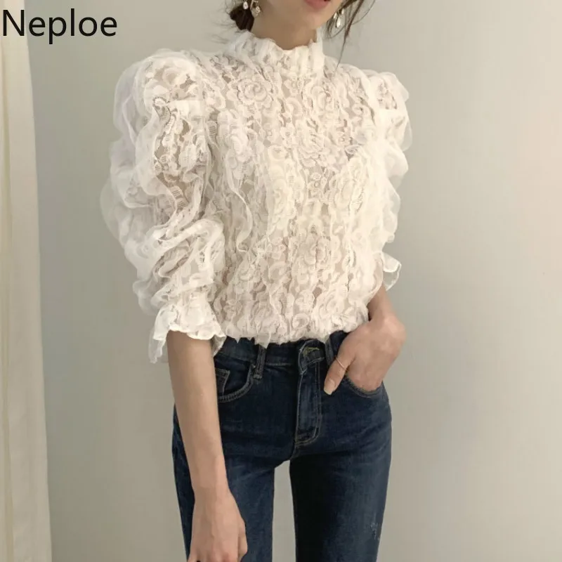 Neploe/Корейская шикарная Кружевная блуза с высокой горловиной, для тяжелой работы, в стиле пэчворк, на крючках, с цветами, с расклешенными длинными рукавами, Blusas, осенне-Весенняя рубашка, 48110