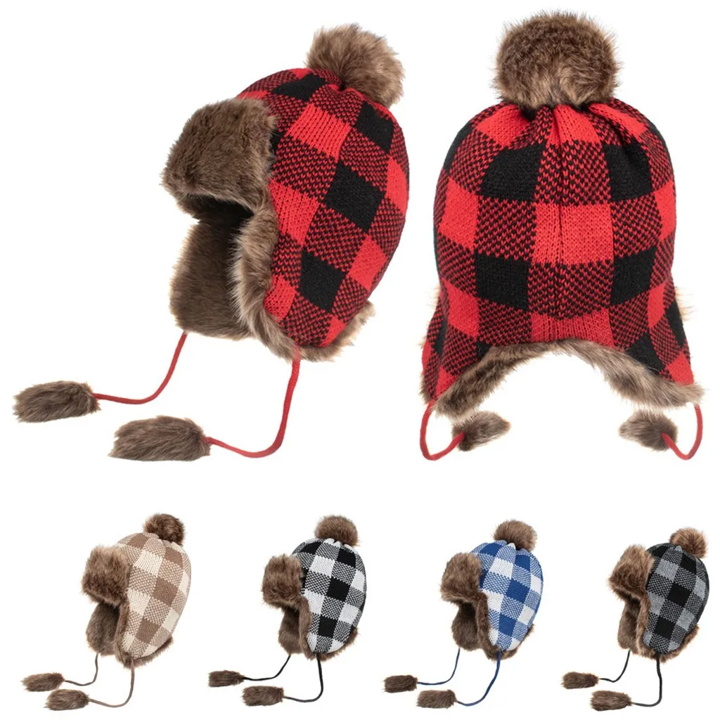 

Unisex Outdoor Autumn Winter Neutral Thick Warm Ear Protection Hats lattice knitted Woolen Hat Snow Cap    q5