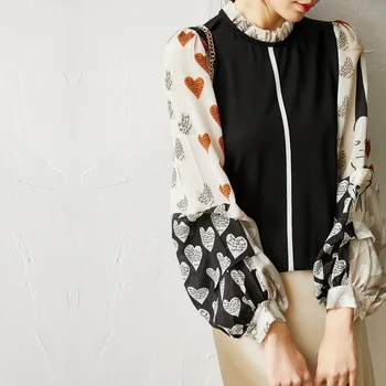 

New Lantern Sleeve printed silk splicing ice silk knitwear women s top spring 2020 long sleeve