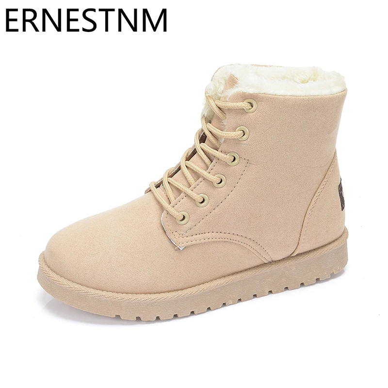 ERNESTNM Snow Boots Casual Ankle Booties Ladies Cotton Winter Female Warm Plush Fur Women Shoes Lace Up Flock Red Botas