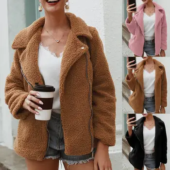 

2019 Womens Fashion Autumn Coat Warm Winter Casual Lapel Fleece turn-down Collar Jackets Faux wool Zipper Outwear For Women