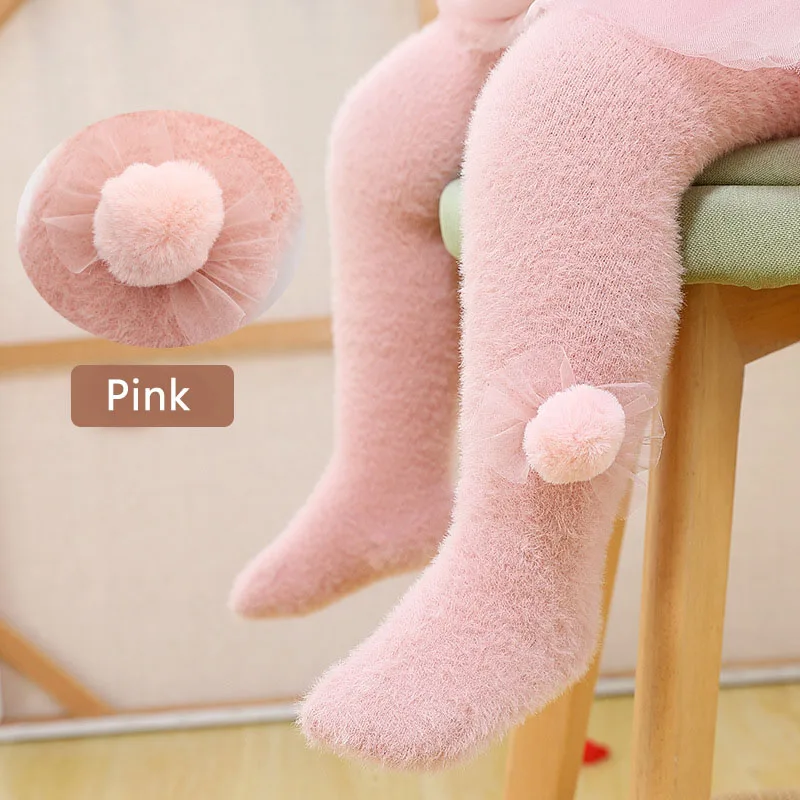 Милые колготки для маленьких девочек; теплая одежда с помпонами для маленьких девочек; зимние чулки; плотные колготки для малышей; Strumpfhose - Цвет: pink