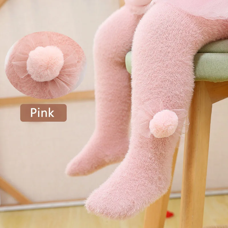 pink Милые колготки для маленьких девочек; теплая одежда с помпонами для маленьких девочек; зимние чулки; плотные колготки для малышей; Strumpfhose - Цвет: pink