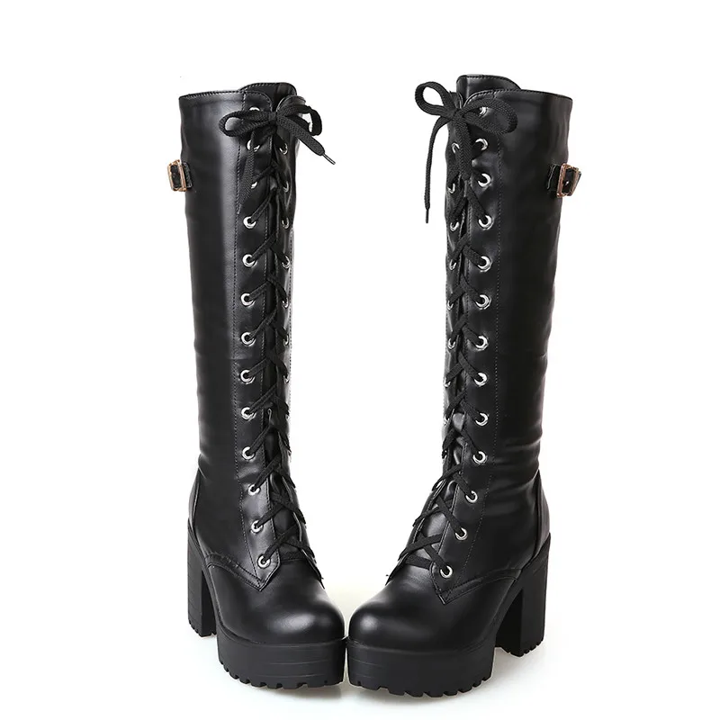 

Hot Sale Spring Autumn Lacing Knee High Boots Women Fashion White Square Heel Woman Leather Shoes Winter PU Large Size 43