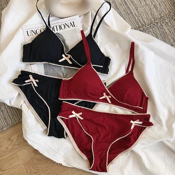 

Japanese Lingerie Set Cotton Thin cup with pad fashion bow Bra Set Women Bra Panties Set Comfort small girls student Underwear