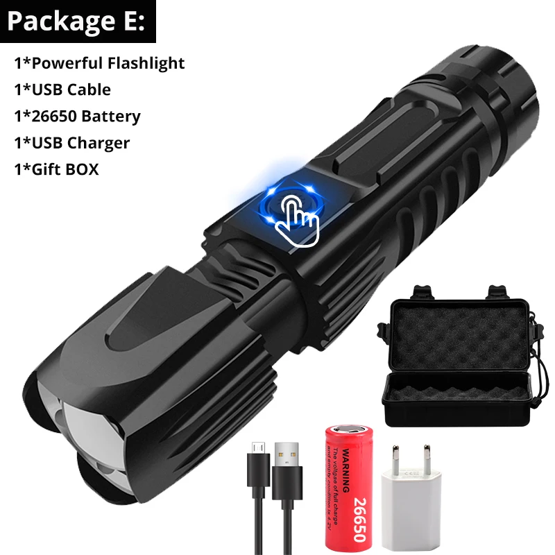 Package E Мощный перезаряжаемый светодиодный фонарь XHP90 XHP70.2, тактический фонарь с водонепроницаемым зумом, аккумулятор 26650 со смарт-чипом - Испускаемый цвет: Package E