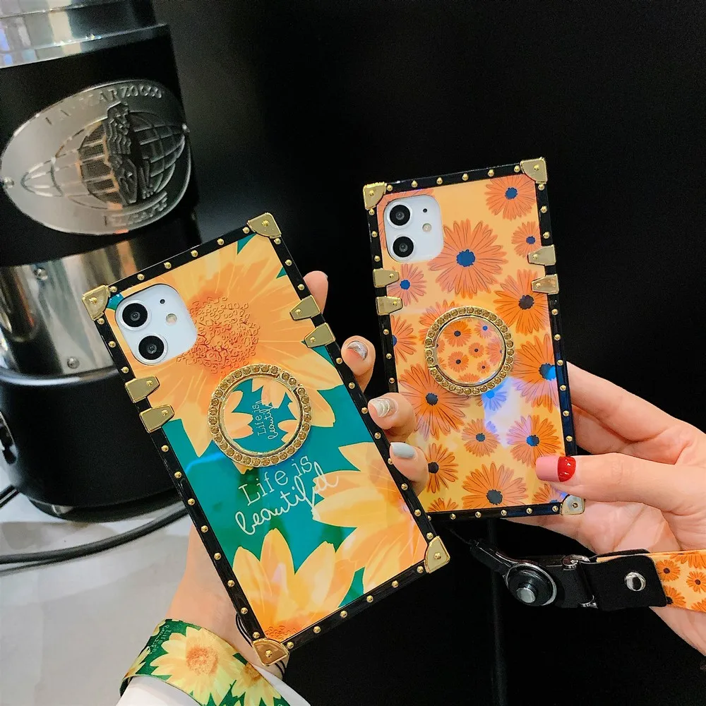 

Luxury fashion blue sun flower pattern mobile phone case For iPhone 11 Pro Max XR XS Max XS 7 8 plus 6 6s 6splus Lanyard
