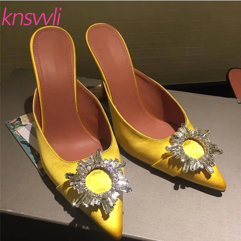 Knsvvli Sun Flowers Rhinestone Buckle Slippers Women Pointed Toe Satin Mules Shoes Women Wine Glass Heels Runway Shoes Woman