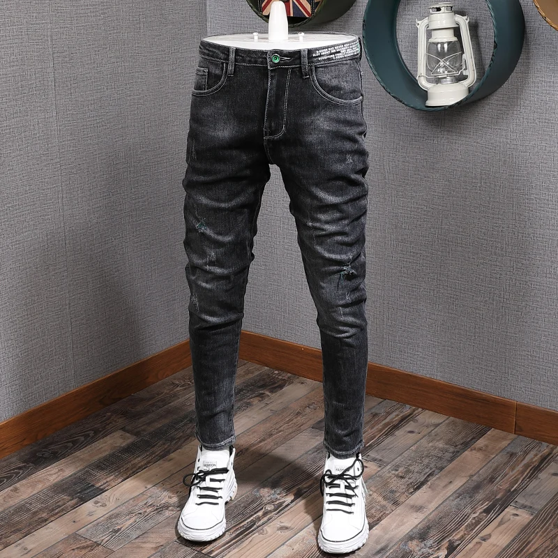 

Fashion Streetwear Men Jeans Black Elastic Slim Fit Ripped Jeans Men Denim Pencil Pants Korean Style Vintage Designer Jeans